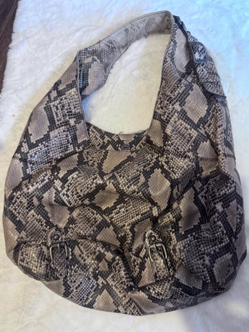 Snake-Print Hobo Bag in Taupe and Black